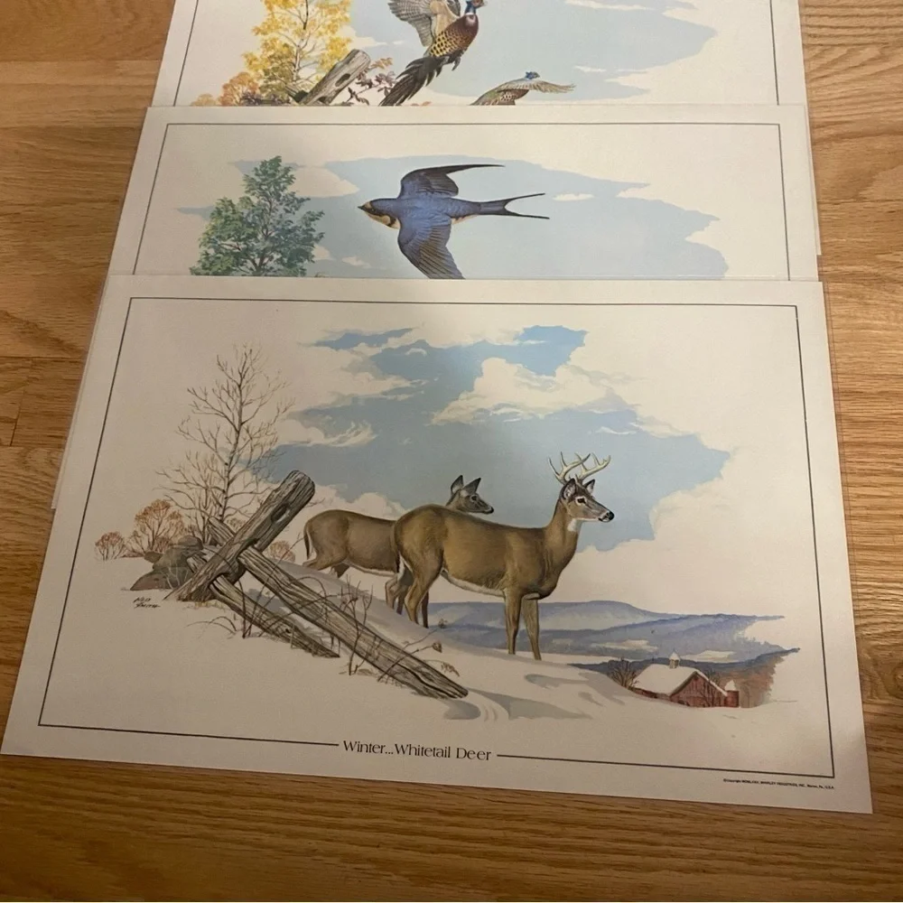 Vintage Whirley 1975 Placemats Four Seasons on the Farm Whitetail Deer Birds 4